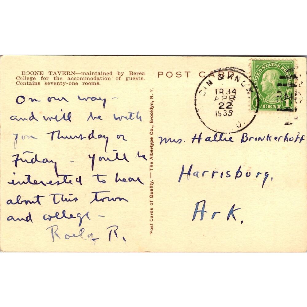 Boone Tavern Berea College 1935 Berea KY Vintage Postcard SPT6 - Picture 2 of 2